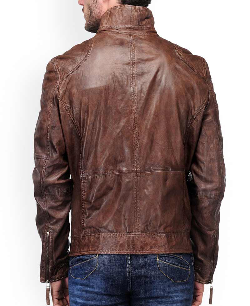 Biker Style Men's Distressed Leather Brown Jacket Biker Style Men's Distressed Leather Brown Jacket - Image 2