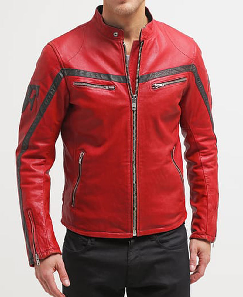 Men's Cafe Racer Red Leather Motorcycle Jacket