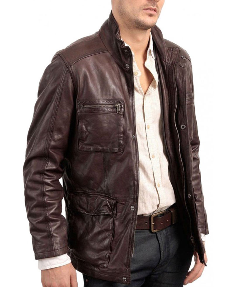 Men's Double Collar Dark Brown Leather Jacket Men's Double Collar Dark Brown Leather Jacket - Image 2