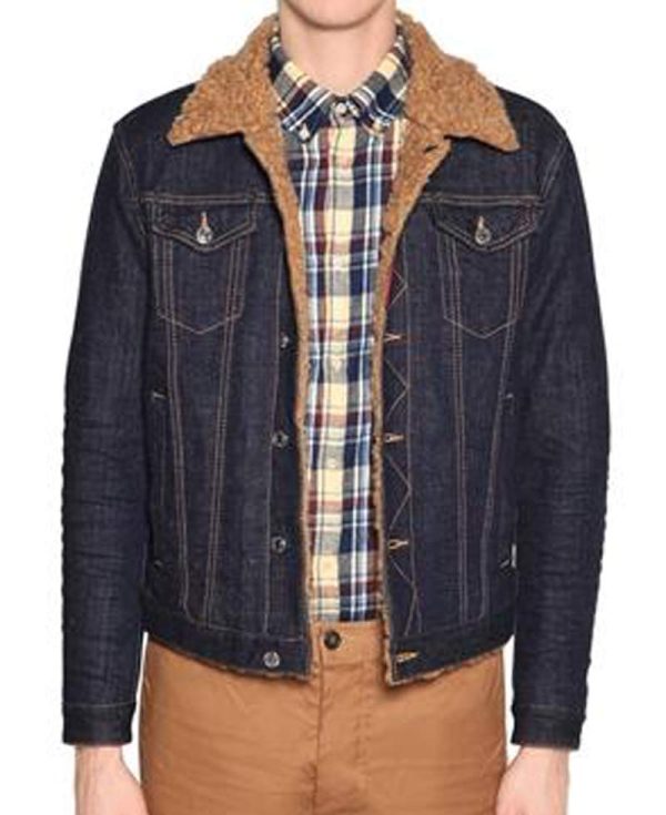 Men's Denim Shearling Shirt Style Jacket with Fur Collar