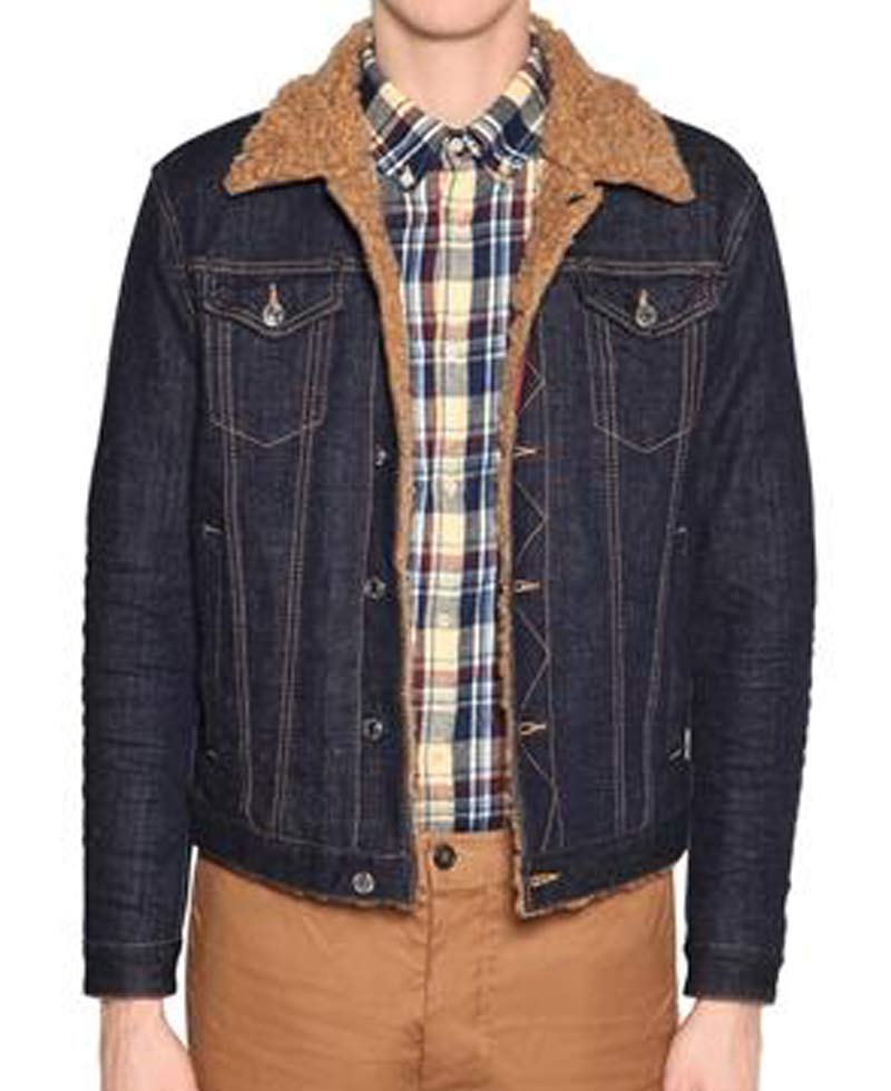 Men's Denim Shearling Shirt Style Jacket with Fur Collar