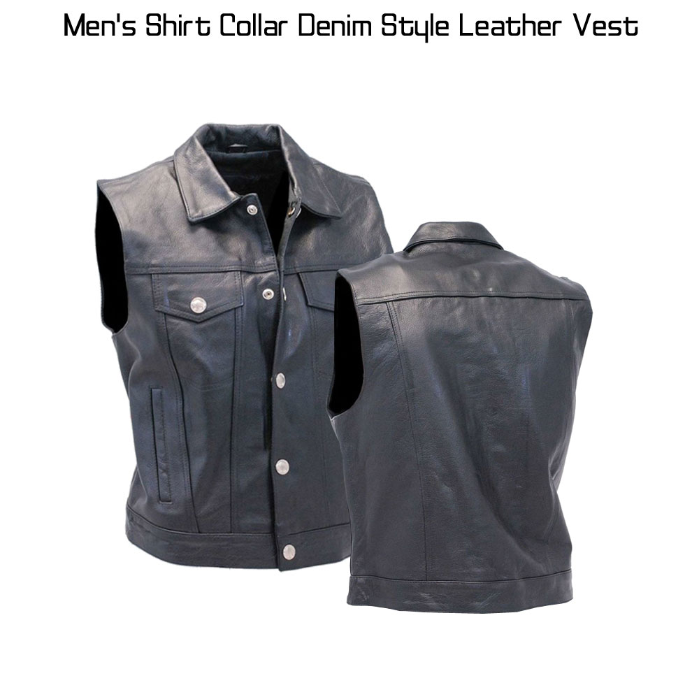 Men's Shirt Collar Denim Style Biker Club Leather Vest Men's Shirt Collar Denim Style Biker Club Leather Vest - Image 4
