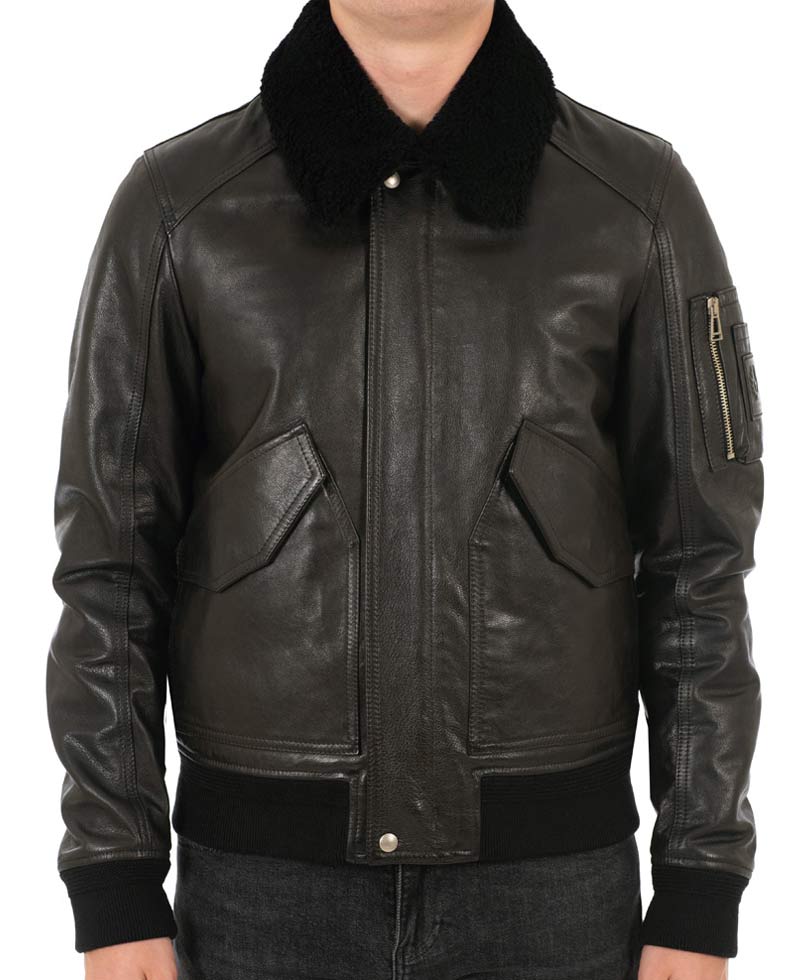 Men's Designer Bomber Black Leather Fur Collar Jacket Men's Designer Bomber Black Leather Fur Collar Jacket - Image 2