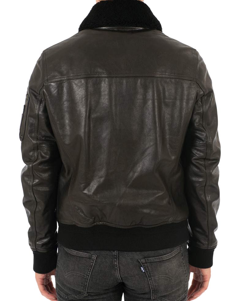 Men's Designer Bomber Black Leather Fur Collar Jacket Men's Designer Bomber Black Leather Fur Collar Jacket - Image 3
