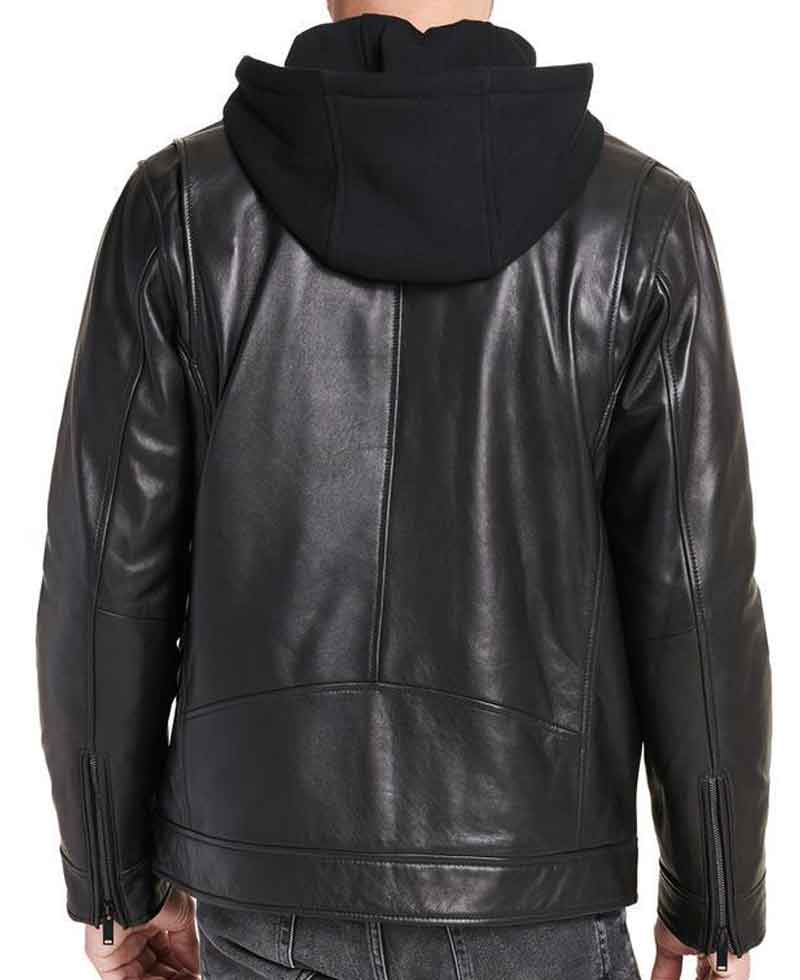 Men's Designer Smooth Black Leather Jacket with Hoodie Men's Designer Smooth Black Leather Jacket with Hoodie - Image 3