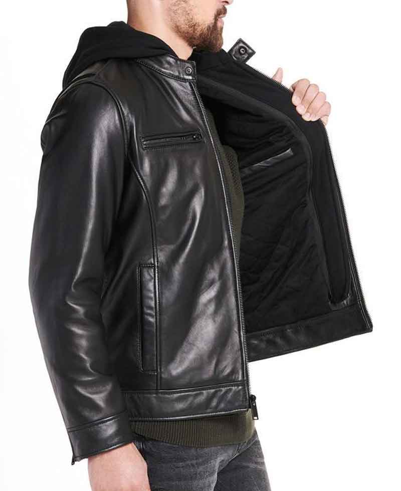 Men's Designer Smooth Black Leather Jacket with Hoodie Men's Designer Smooth Black Leather Jacket with Hoodie - Image 2