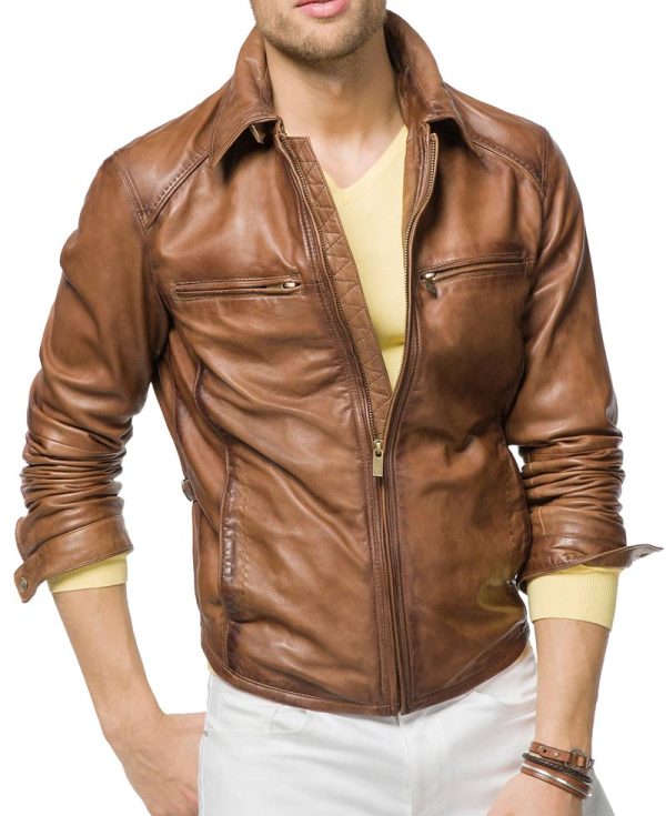 Men's Motorcycle Designer Tan Brown Leather Jacket