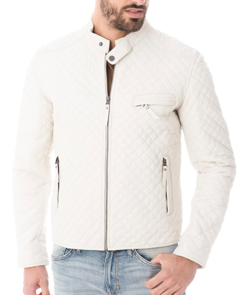 Men's Designer Diamond Quilted White Leather Jacket Men's Designer Diamond Quilted White Leather Jacket