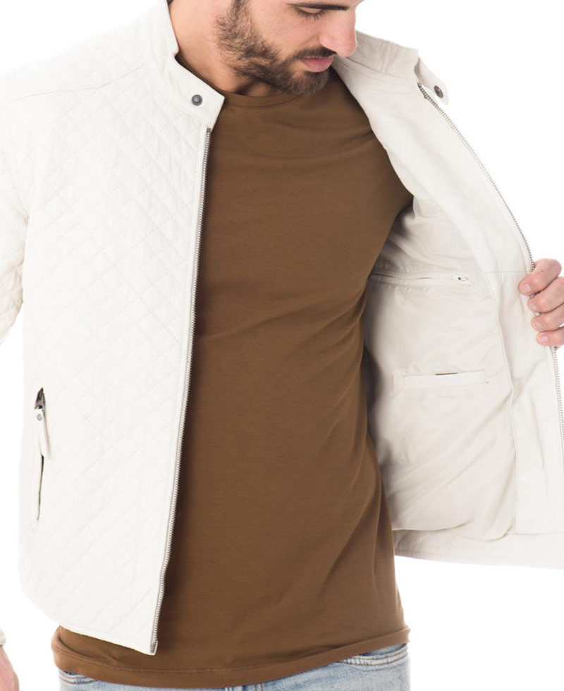 Men's Designer Diamond Quilted White Leather Jacket Men's Designer Diamond Quilted White Leather Jacket - Image 5