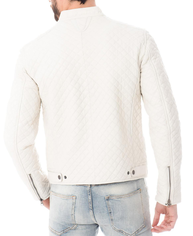 Men's Designer Diamond Quilted White Leather Jacket Men's Designer Diamond Quilted White Leather Jacket - Image 2