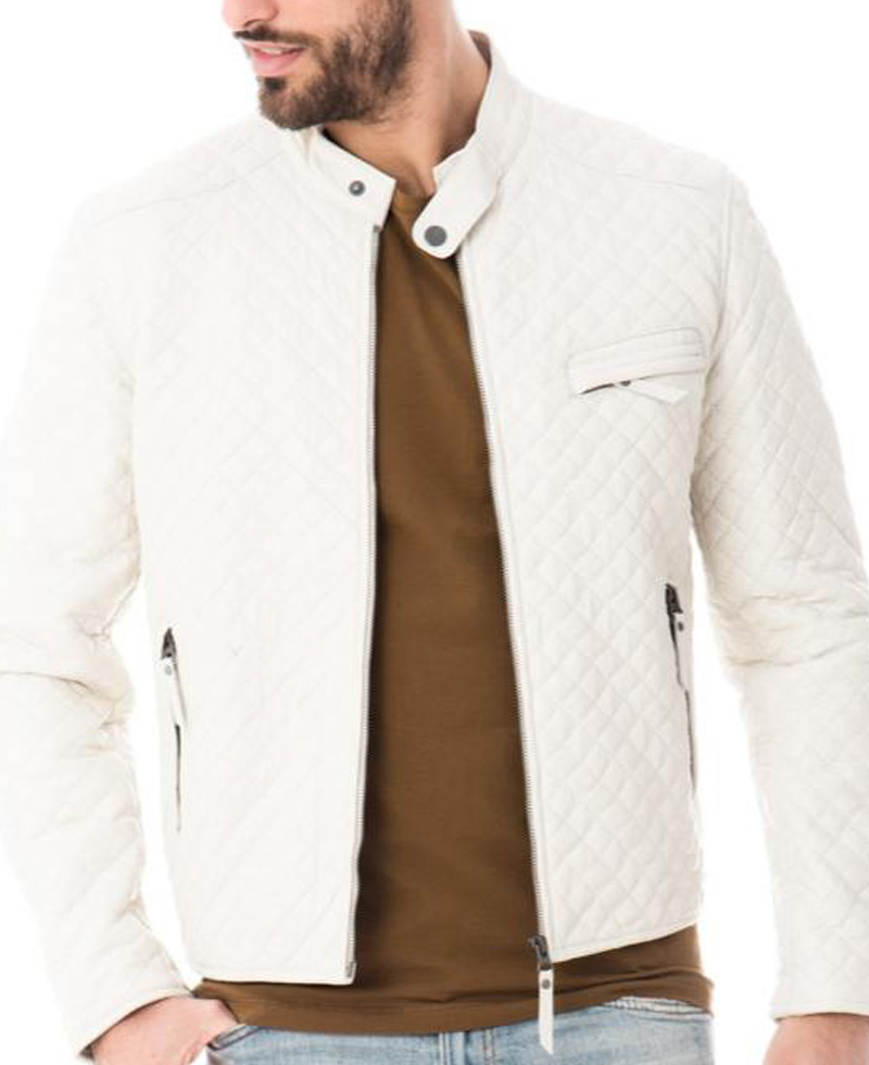 Men's Designer Diamond Quilted White Leather Jacket Men's Designer Diamond Quilted White Leather Jacket - Image 3