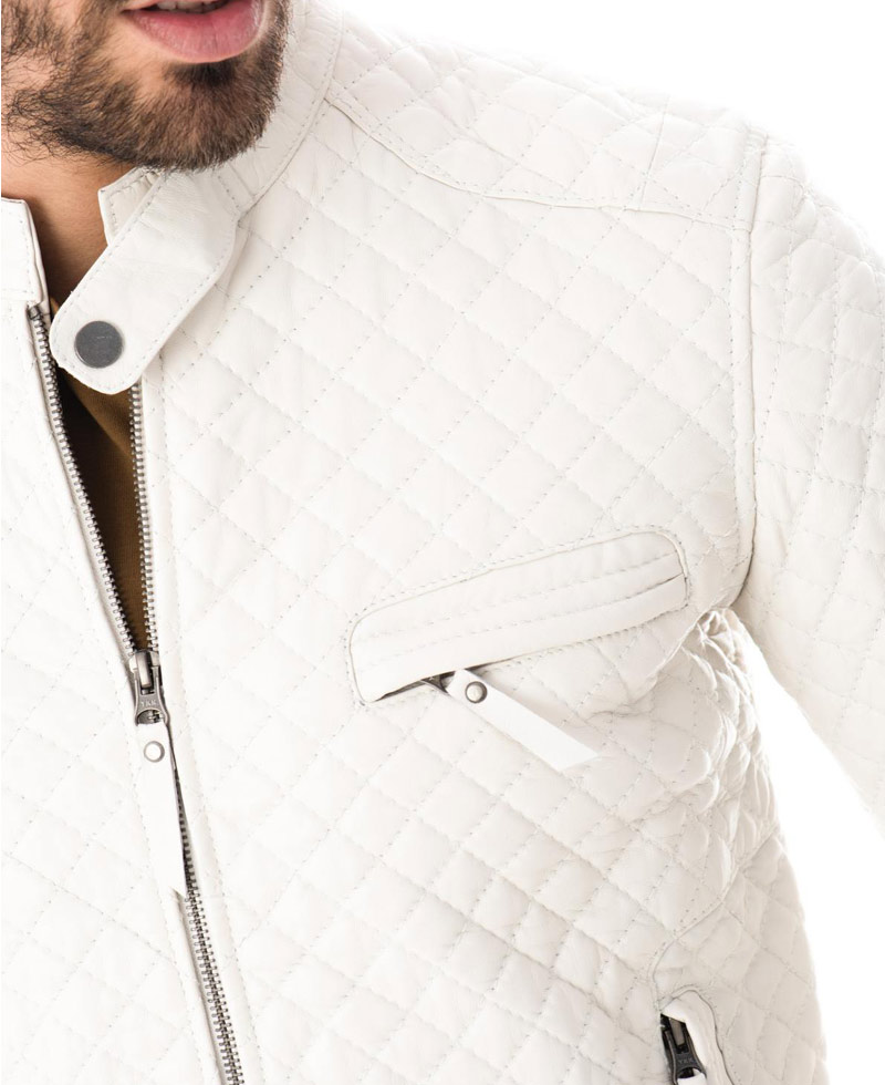 Men's Designer Diamond Quilted White Leather Jacket Men's Designer Diamond Quilted White Leather Jacket - Image 6