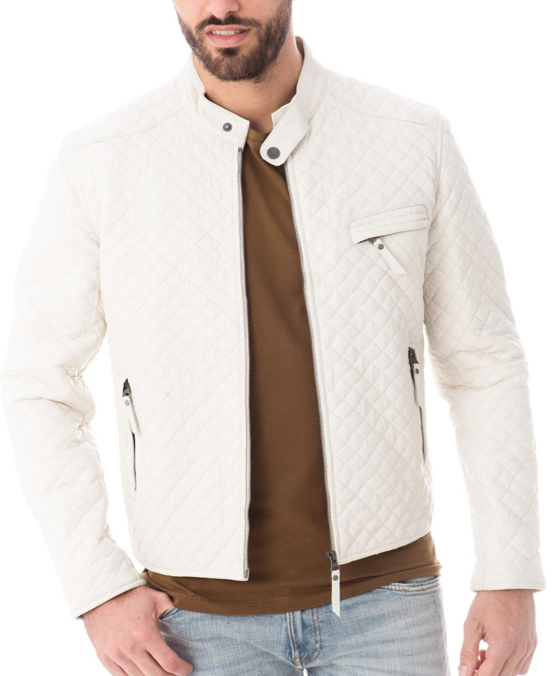 Men's Designer Diamond Quilted White Leather Jacket Men's Designer Diamond Quilted White Leather Jacket - Image 4