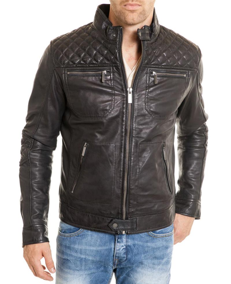 Men's Biker Diamond Quilted Shoulder Black Leather Jacket