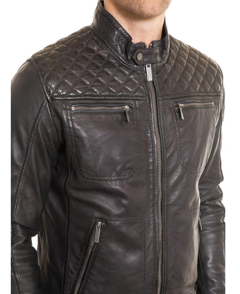 Men's Biker Diamond Quilted Shoulder Black Leather Jacket Men's Biker Diamond Quilted Shoulder Black Leather Jacket - Image 3