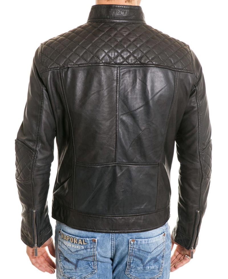 Men's Biker Diamond Quilted Shoulder Black Leather Jacket Men's Biker Diamond Quilted Shoulder Black Leather Jacket - Image 2