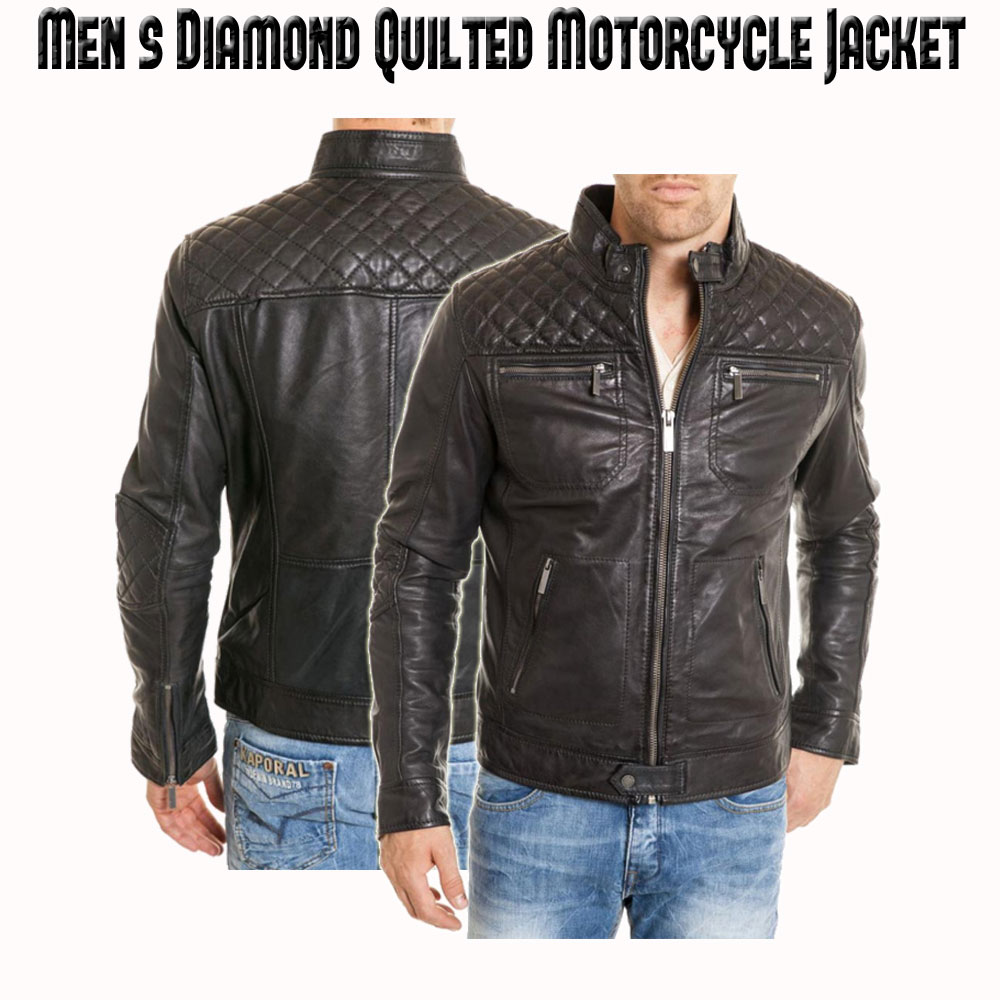 Men's Biker Diamond Quilted Shoulder Black Leather Jacket Men's Biker Diamond Quilted Shoulder Black Leather Jacket - Image 5