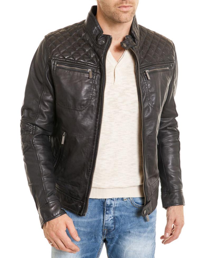 Men's Biker Diamond Quilted Shoulder Black Leather Jacket Men's Biker Diamond Quilted Shoulder Black Leather Jacket - Image 4