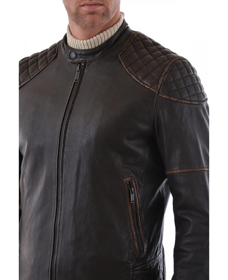 Men's Biker Style Diamond Quilted Shoulder Waxed Brown Jacket Men's Biker Style Diamond Quilted Shoulder Waxed Brown Jacket - Image 4