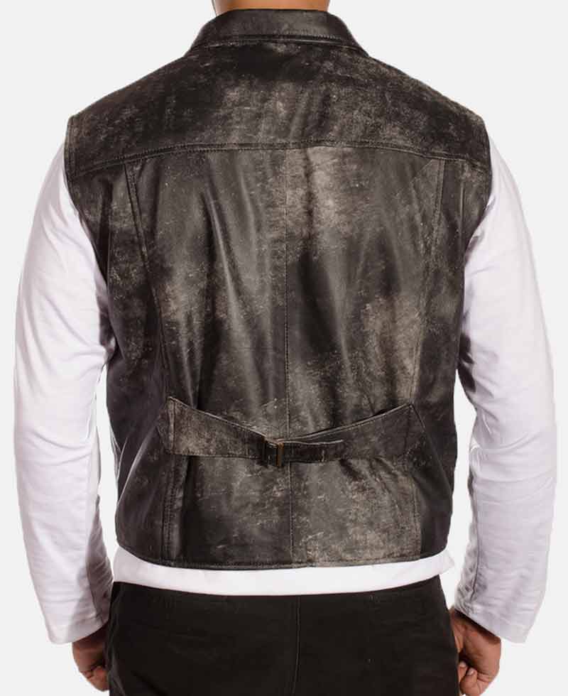 Men's Distressed Leather Button Closure Black Vest Men's Distressed Leather Button Closure Black Vest - Image 3