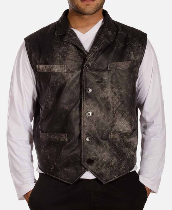 Men's Distressed Leather Button Closure Black Vest