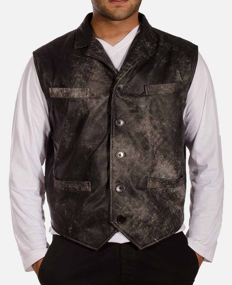 Men's Distressed Leather Button Closure Black Vest
