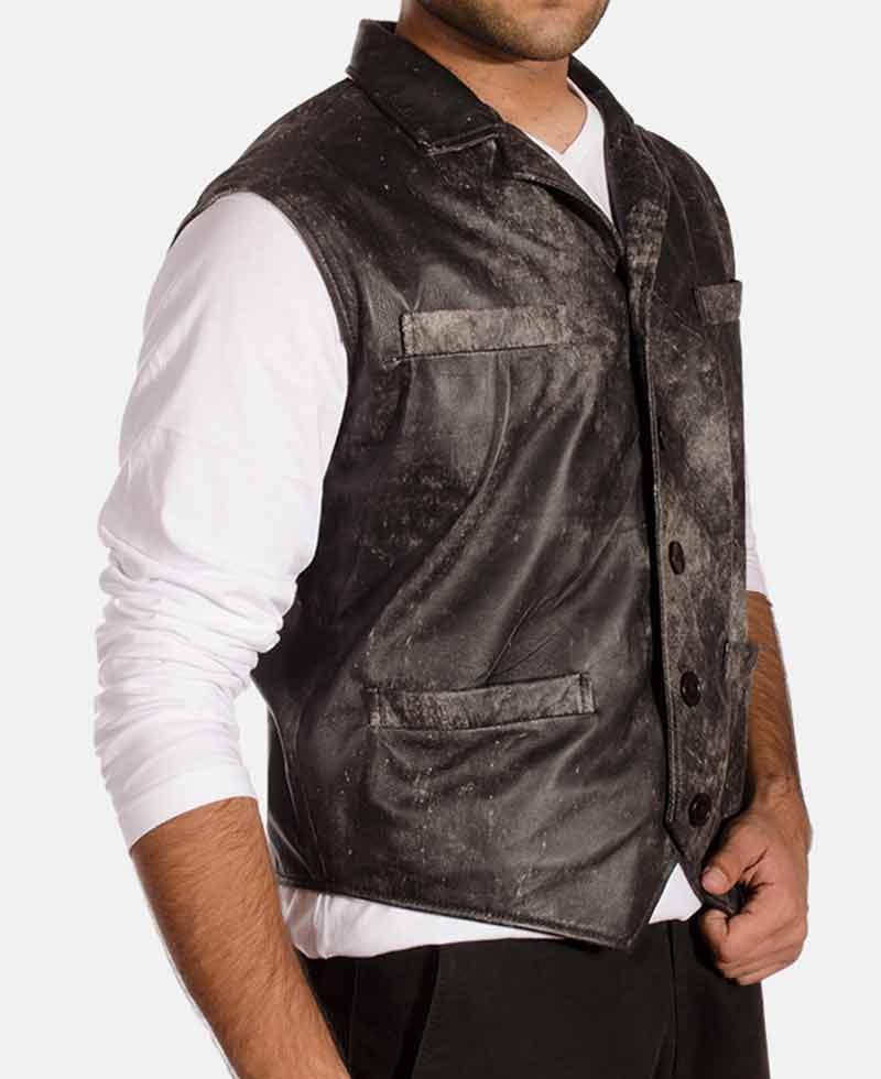 Men's Distressed Leather Button Closure Black Vest Men's Distressed Leather Button Closure Black Vest - Image 2