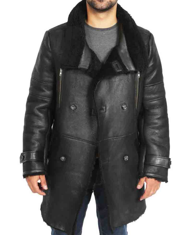 Men's Double Breasted Shearling Black Leather Sheepskin Coat Men's Double Breasted Shearling Black Leather Sheepskin Coat - Image 2