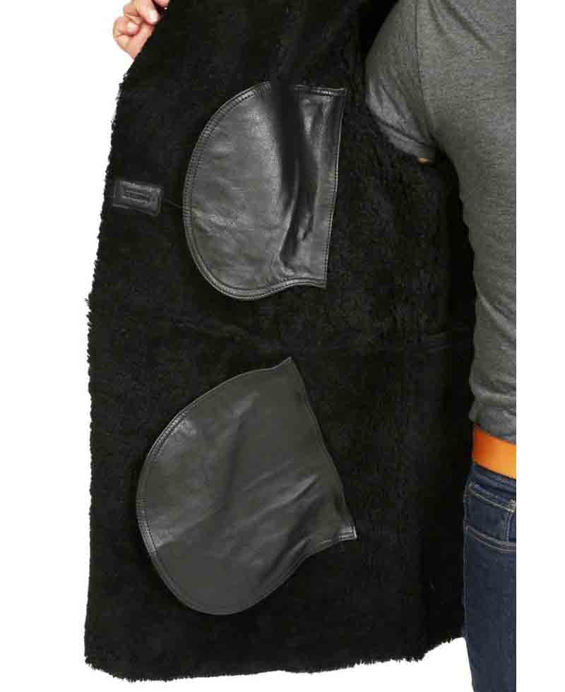 Men's Double Breasted Shearling Black Leather Sheepskin Coat Men's Double Breasted Shearling Black Leather Sheepskin Coat - Image 3