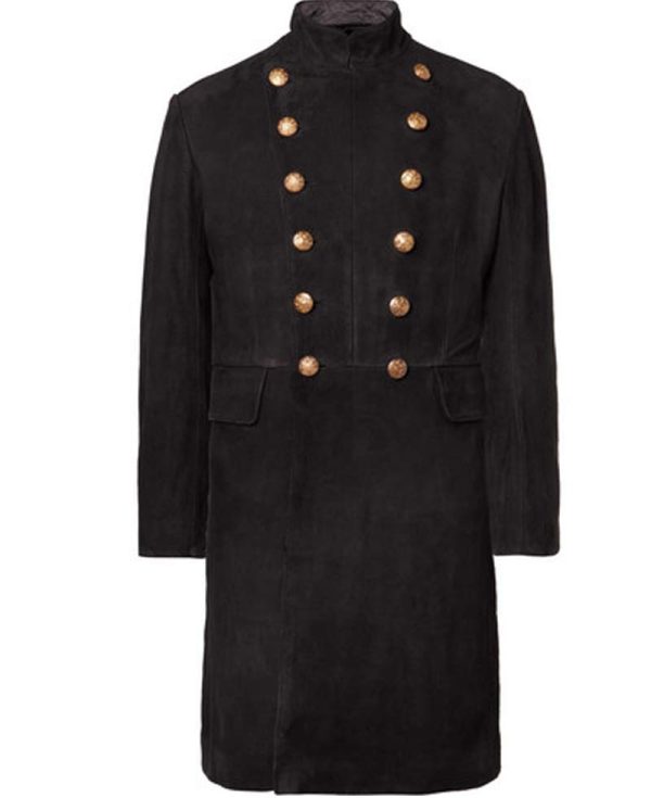 Men's Double Breasted Military Black Suede Coat
