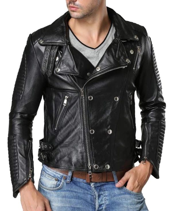 Men's Biker Double Breasted Style Quilted Black Leather Jacket