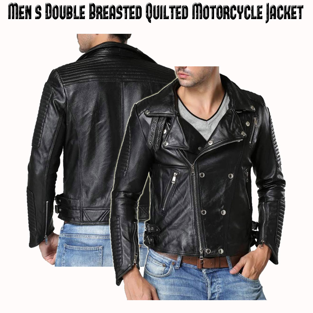 Men's Biker Double Breasted Style Quilted Black Leather Jacket Men's Biker Double Breasted Style Quilted Black Leather Jacket - Image 4