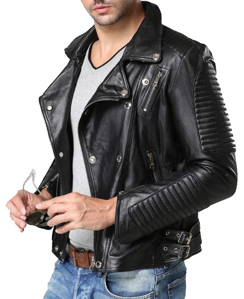 Men's Biker Double Breasted Style Quilted Black Leather Jacket Men's Biker Double Breasted Style Quilted Black Leather Jacket - Image 3