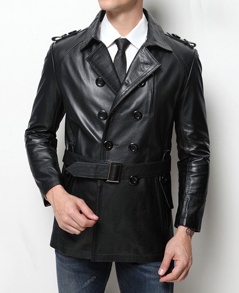 Men's Casual Mid Length Belted Leather Coat Men's Casual Mid Length Belted Leather Coat - Image 4