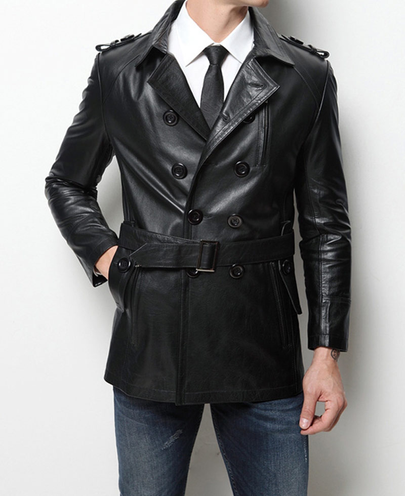 Men's Casual Mid Length Belted Leather Coat Men's Casual Mid Length Belted Leather Coat - Image 6