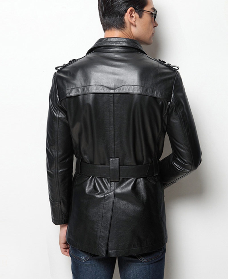 Men's Casual Mid Length Belted Leather Coat Men's Casual Mid Length Belted Leather Coat - Image 7