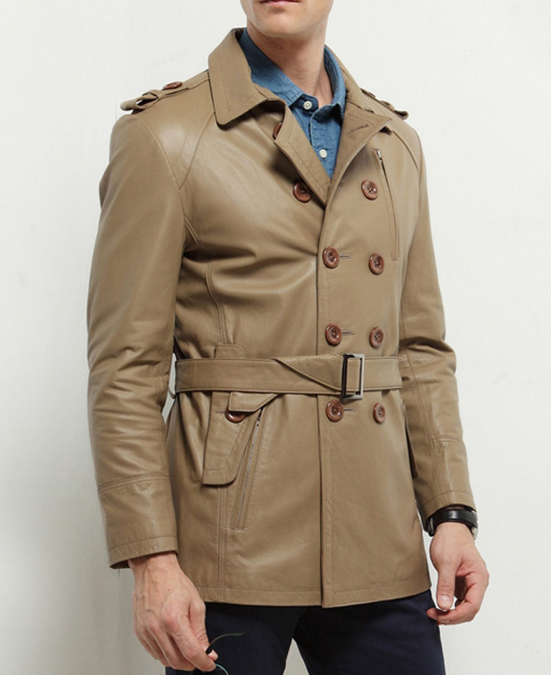 Men's Casual Mid Length Belted Leather Coat Men's Casual Mid Length Belted Leather Coat - Image 3