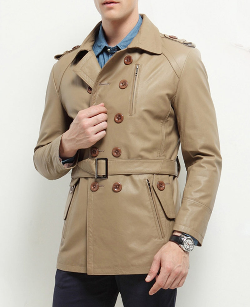 Men's Casual Mid Length Belted Leather Coat