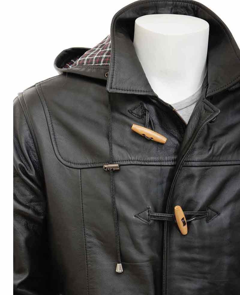 Men's Duffle Black Leather Coat Men's Duffle Black Leather Coat - Image 2