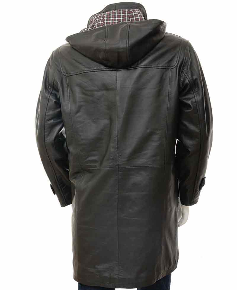 Men's Duffle Black Leather Coat Men's Duffle Black Leather Coat - Image 5