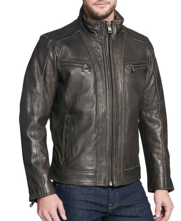 Men's Faded-Seam Cycle Vintage Leather Black  Jacket