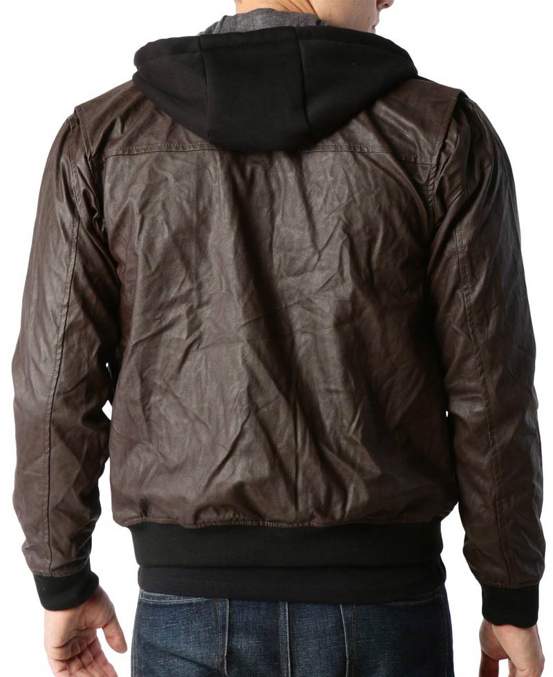 Men's Biker Faux Leather Zip Up Hoodie Jacket Men's Biker Faux Leather Zip Up Hoodie Jacket - Image 2
