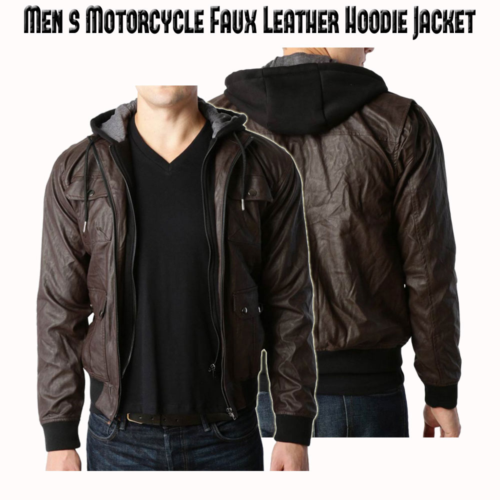 Men's Biker Faux Leather Zip Up Hoodie Jacket Men's Biker Faux Leather Zip Up Hoodie Jacket - Image 4