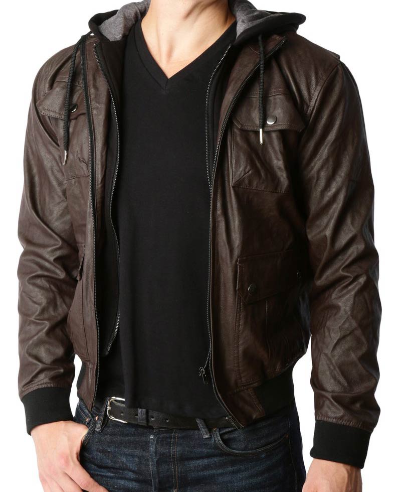 Men's Biker Faux Leather Zip Up Hoodie Jacket Men's Biker Faux Leather Zip Up Hoodie Jacket - Image 3