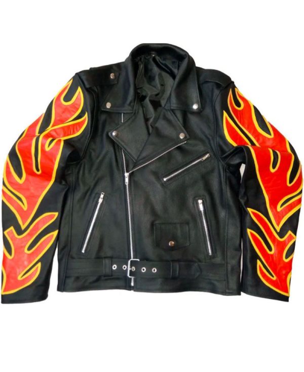 Men's Motorbike Fire Flames Leather Jacket