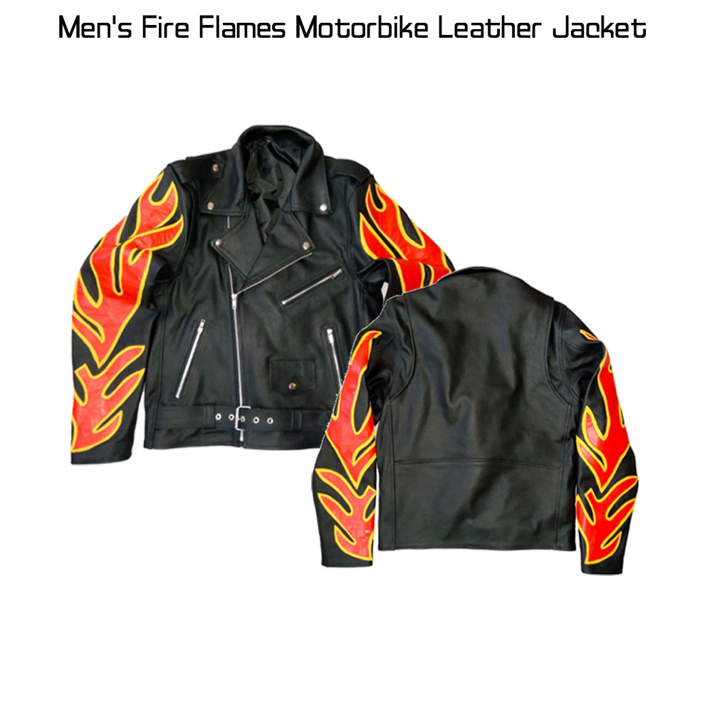 Men's Motorbike Fire Flames Leather Jacket Men's Motorbike Fire Flames Leather Jacket - Image 3