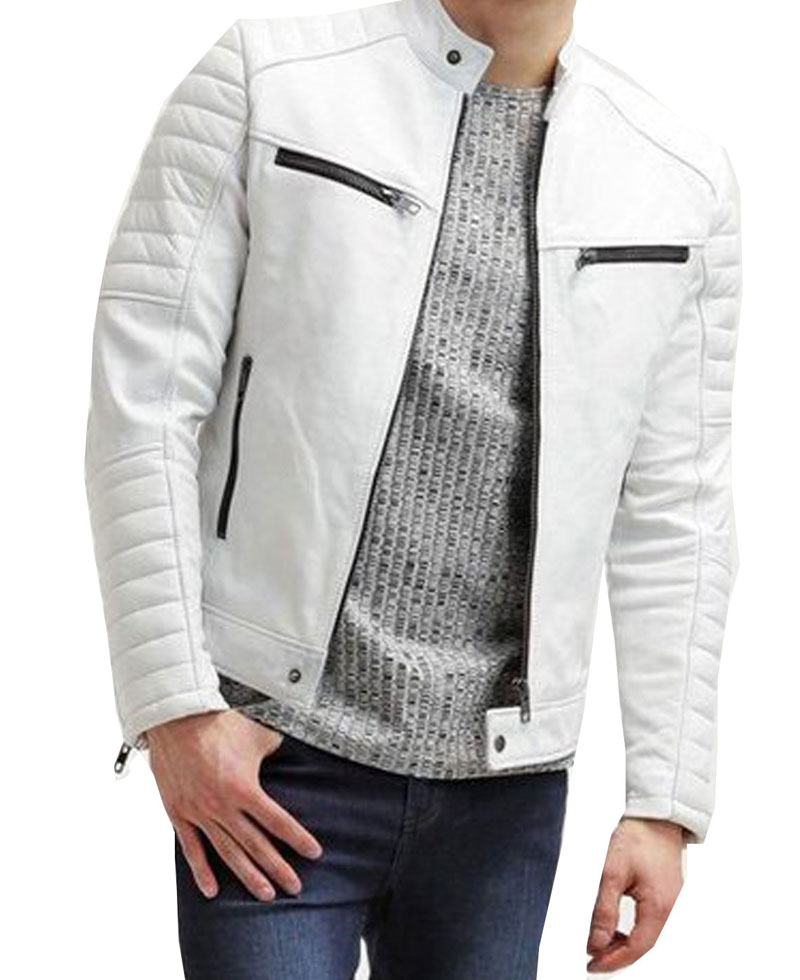 Men's FJM007 Padded Style Motorcycle White Leather Jacket Men's FJM007 Padded Style Motorcycle White Leather Jacket - Image 3