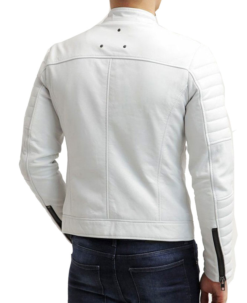 Men's FJM007 Padded Style Motorcycle White Leather Jacket Men's FJM007 Padded Style Motorcycle White Leather Jacket - Image 4