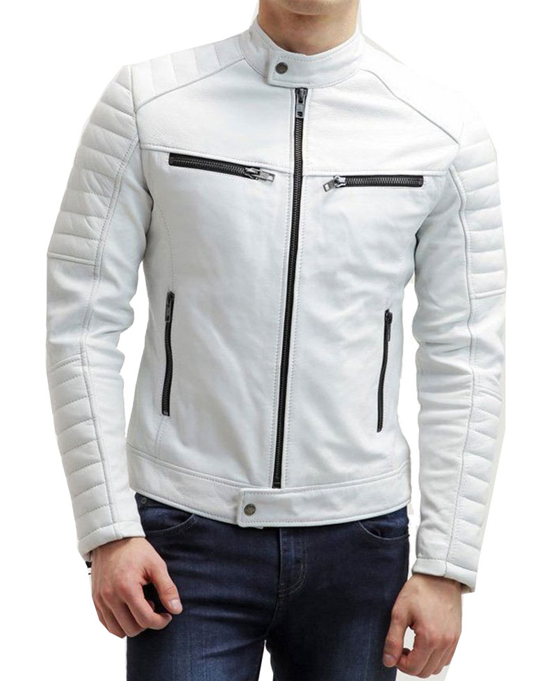 Men's FJM007 Padded Style Motorcycle White Leather Jacket Men's FJM007 Padded Style Motorcycle White Leather Jacket - Image 2