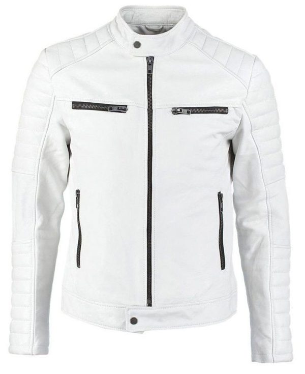 Men's FJM007 Padded Style Motorcycle White Leather Jacket